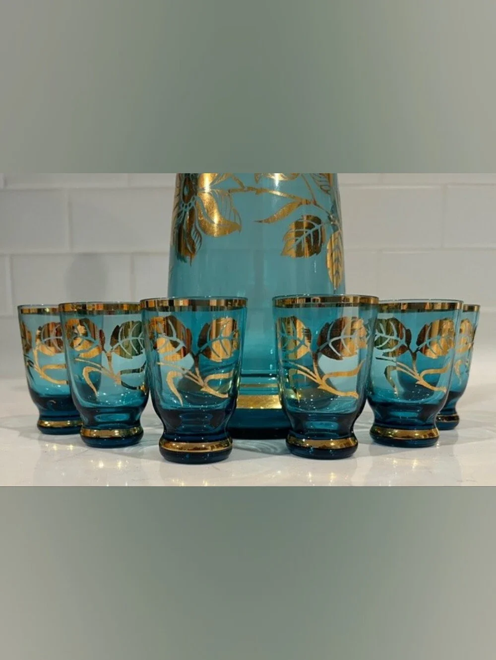 Vintage MCM Bohemian‎ Blue & Gold Gilded Liquor Decanter Set With 6 Glasses